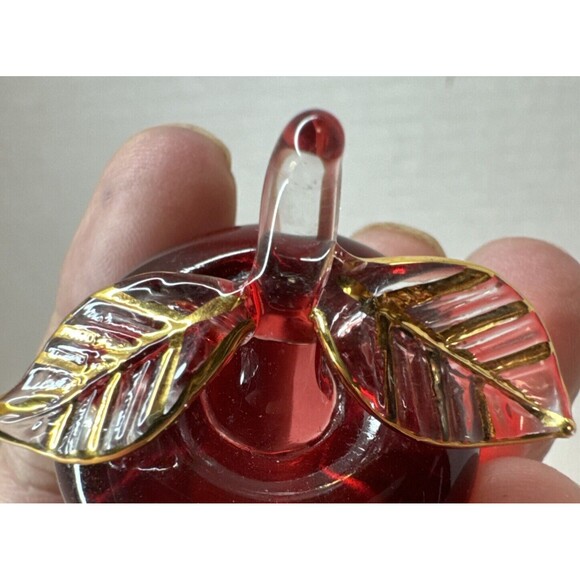 Mini Miniature Apple Fruit Hand Blown Red Art Glass Applied Gold Leaves - Picture 3 of 6